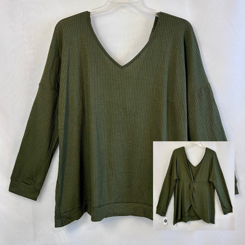 NWT 42Pops khaki Green Women’s Waffle Knit Twisted Back Top / 3XL